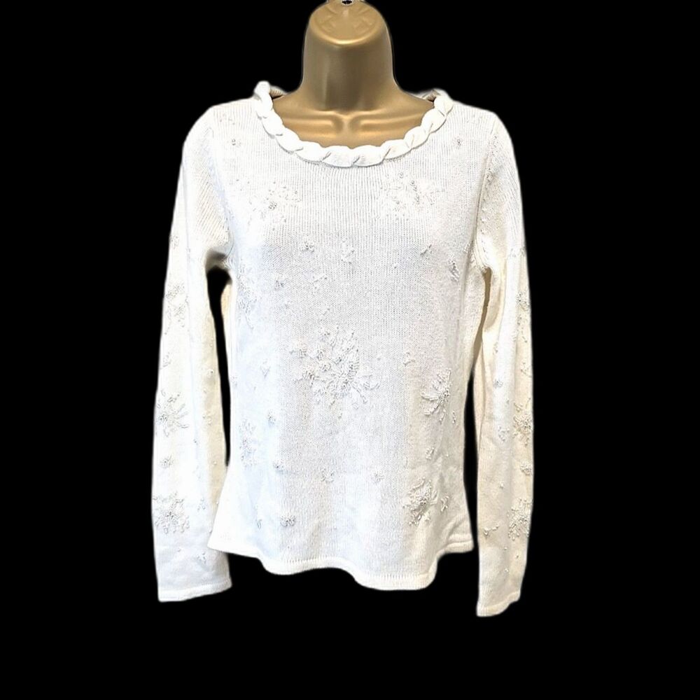 Cream Angora Blend Beaded Pearl Sweater M Minimal Holiday Quiet Luxury Old Money